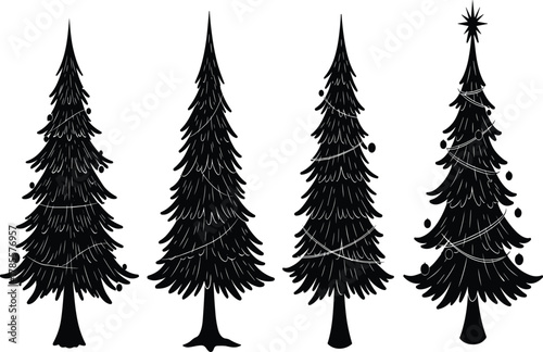 Silhouette of decorated Christmas pine trees collection, festive winter holiday design, black conifer illustration, seasonal decoration vector art background graphic