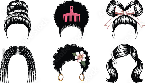 Feminine Hairstyles Collection Vector Stylish Hair Adornments for Woman
