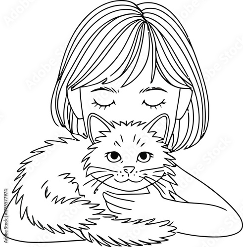 Girl Hugging Fluffy Cat Outline Drawing Cute Pet Owner Vector Art