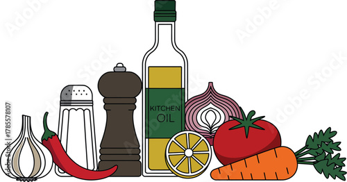 Kitchen Staples Arrangement Line Art Ingredients Herbs Vegetables  Condiments Vector Composition