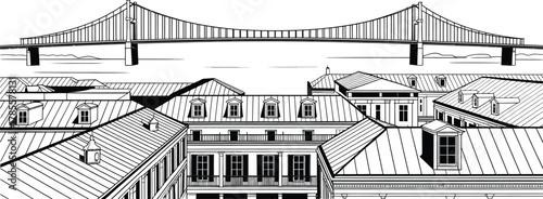 New Orleans Architecture View Bridge over Mississippi Rooftops Building Landmarks Silhouette