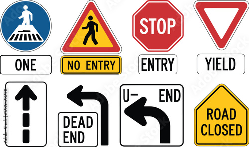 Variety of Colorful Road and Traffic Signs for Safety and Directional Guidance