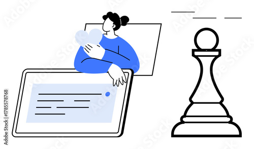 Woman holding heart shape with tablet screen beside a large chess pawn. Ideal for self-care, digital wellbeing, strategy, personal growth, decision-making, mindfulness, simple flat metaphor