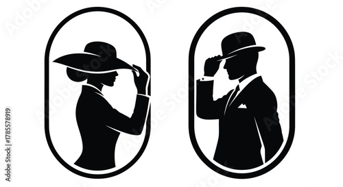 Elegant couple silhouettes in classic attire, timeless style for any project