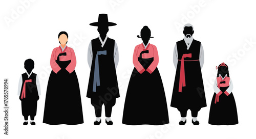 Diverse Korean family in traditional hanbok attire celebrates heritage