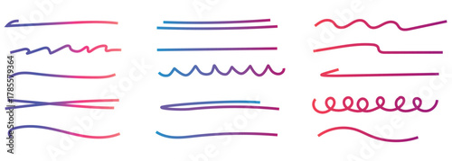 Collection of hand drawn colorful underlines in different styles for emphasis and decoration with gradient colors creating an artistic visual