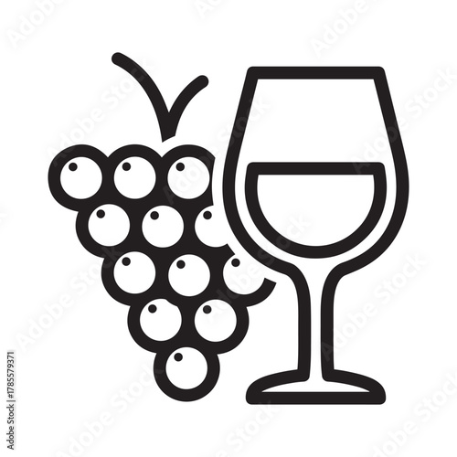 Grape bunch and wine glass outline icon for wine industry art