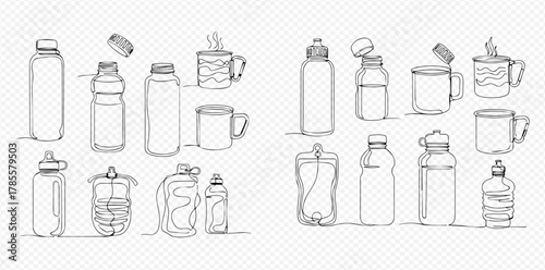 A collection of various drink containers and bottles drawn in continuous line art style on a transparent background.