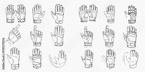 Collection of hand-drawn outline illustrations of goalkeeper gloves in various poses.