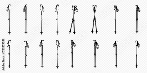 Collection of black and white illustrations depicting various trekking poles and hiking staffs in different configurations.