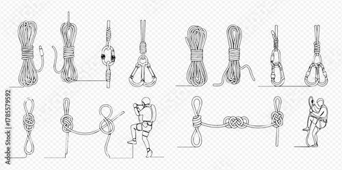 Line art illustration set of climbing ropes, various knots, and essential equipment with figures demonstrating usage.