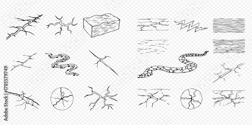 Hand-drawn vector set of various crack patterns, a block, snakes, and a flying creature.