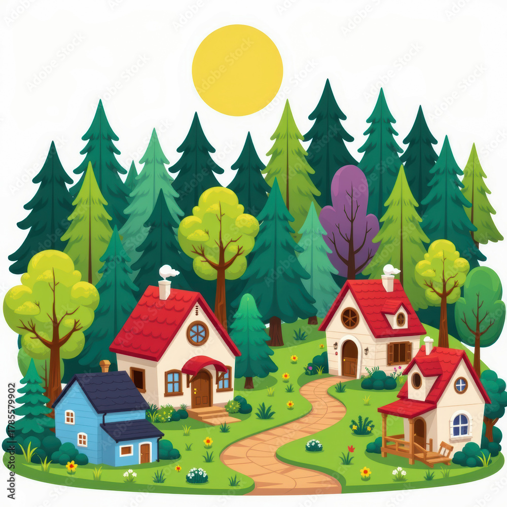 Naklejka premium Fantasy garden with charming clipart houses surrounded by lush trees under bright sun