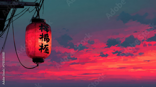 Beautiful red lantern illuminates evening sky, showcasing heritage and Chinese script on light, creating serene atmosphere