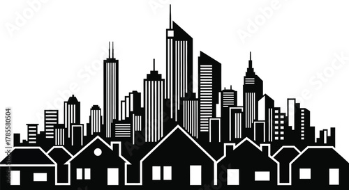 Modern cityscape silhouette with homes in foreground, dynamic urban design