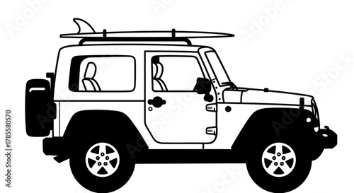 Yellow adventure vehicle with surfboard on roof rack ready for beach