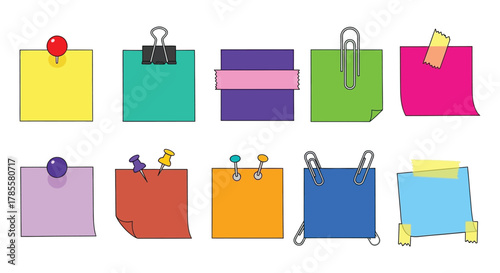 Colorful sticky notes with pins and clips for reminders and ideas