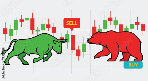 Bull and bear market financial trading concept with buy and sell signals
