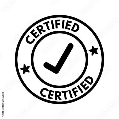 certified round vector stamp, premium quality guarantee badge, approval check ark icon