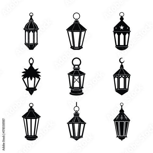 Arabic Lantern Icon Set Vintage Ramadan Kareem Lamp Silhouette Collection