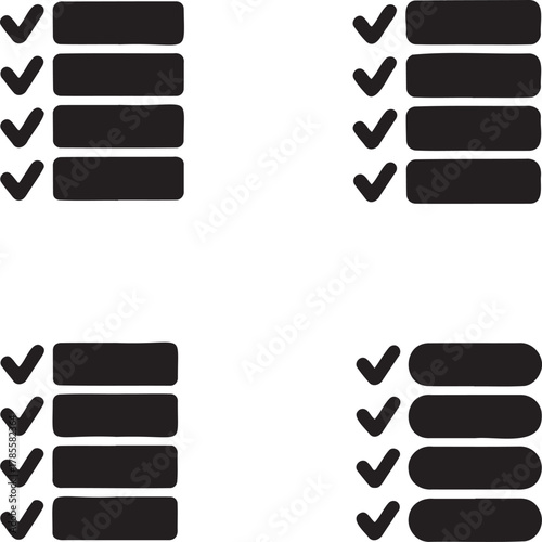 Black and White Task Management Icons – Bullet, Numbered, and Completed Lists 