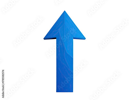 A single, blue, wooden arrow pointing upwards against a solid black background