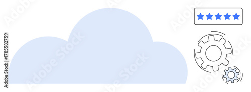 Cloud, cogs interlocked in process, rating bar indicating high quality. Ideal for cloud computing, service review, optimization, efficiency, SaaS, digital transformation simple flat metaphor