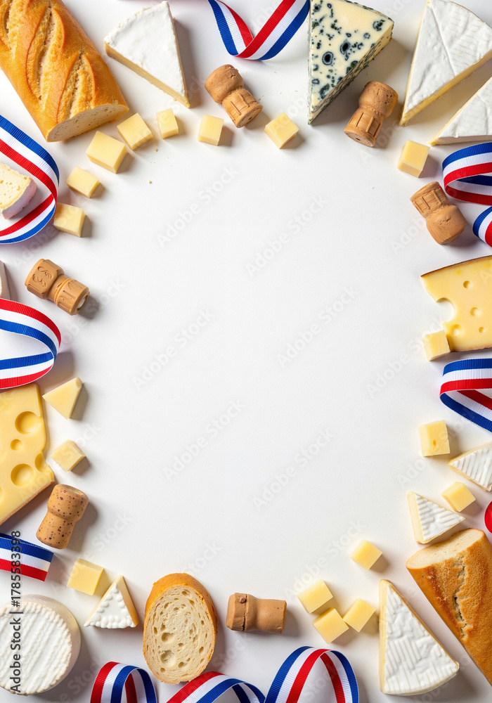 Fototapeta premium Baguette slices, cheese, tricolor ribbons, and wine corks for Bastille Day celebration