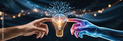 Human and AI fingers touch a glowing brain in a lightbulb with electrical connections