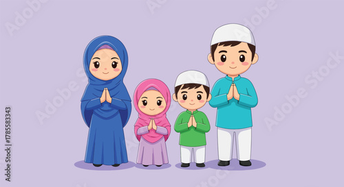 A Muslim Family of Four Dressed in Traditional Islamic Attire Posing Together.