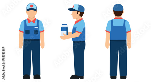 A simple flat vector of three milk delivery drivers full body front view, full body side view, and full body back view.