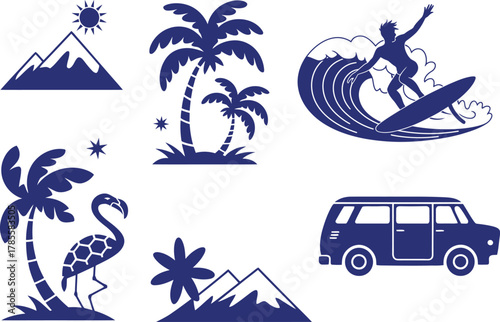 Dreamy travel destinations with surfing, palm trees, mountains, and vintage van vibes