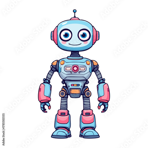 Cartoon robot character with smiling face, antenna, flexible limbs, and colorful mechanical design