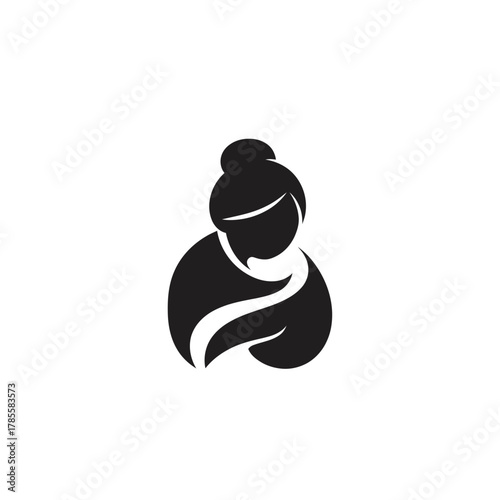 A minimalist black silhouette logo of a mother with a hair bun tenderly holding her baby.