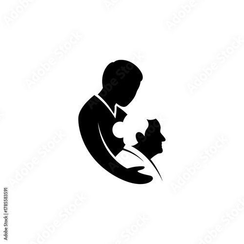 Silhouette of a younger person supporting an older individual, symbolizing care, connection, and assistance with a puzzle piece motif.