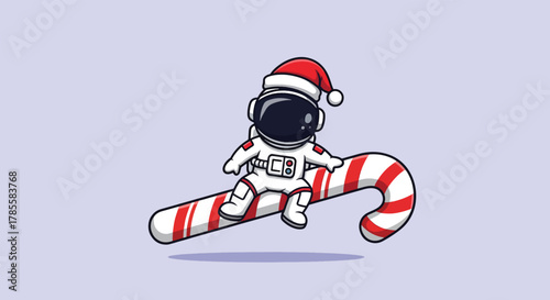 Adorable Astronaut in Santa Hat Riding a Candy Cane.