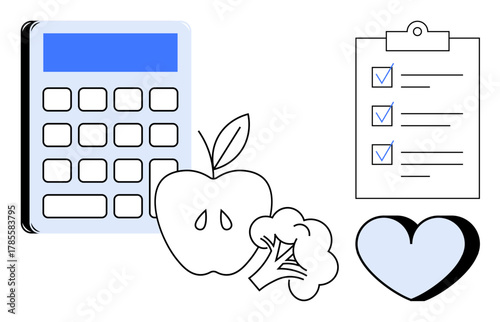 Calculator, apple, broccoli, heart symbol, and checklist with checkmarks emphasize health, nutrition, and planning. Ideal for wellness, dieting fitness healthcare productivity nutrition