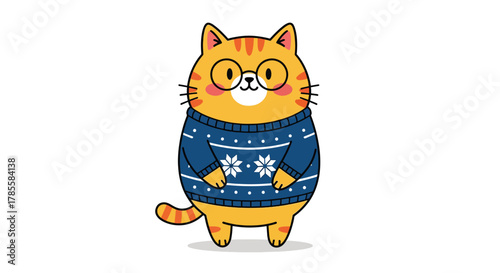 Adorable cartoon ginger cat wearing a cozy blue sweater and glasses.