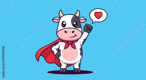 Adorable Cartoon Cow Superhero with Red Cape and Heart Symbol.