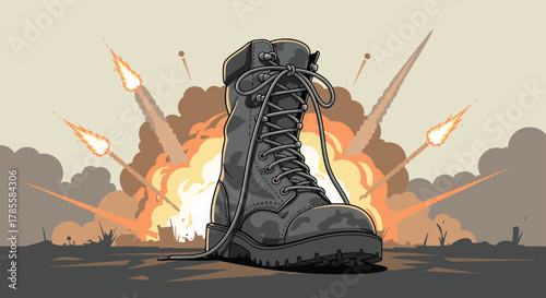 A solitary combat boot, untied and worn, stands firm amidst the pixelated chaos of a battlefield, with multiple missiles soaring and large explosions erupting in the background.