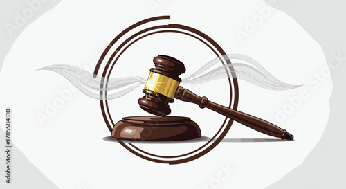 A classic wooden judge's gavel with a shining golden band rests on its sounding block, framed by artistic brown circles and subtle wispy elements, symbolizing justice, law, and authority.