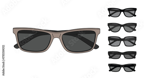 Several modern sunglasses are presented, including a large light brown pair and a series of smaller black-framed designs, highlighting different contemporary styles.