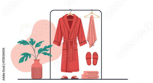 Illustration of a cozy home spa setup featuring a red bathrobe, matching slippers, and soft towels on a clothing rack, complemented by a potted green plant.