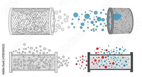 Illustrative diagrams show different types of filters trapping various particles and contaminants, demonstrating separation and purification processes.
