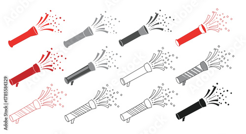 A festive collection of party poppers and confetti cannons in red, grey, and black, with outline versions, bursting with celebratory confetti on a white background.