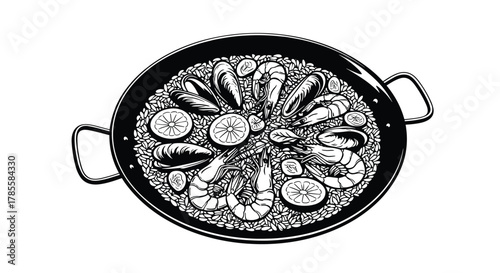 Black and white vector illustration of a delicious traditional Spanish seafood paella in a rustic pan, featuring mussels, prawns, rice, and lemon.