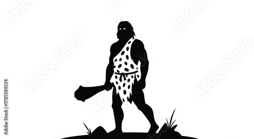 A powerful silhouette of a prehistoric caveman, wearing an animal-skin tunic and wielding a club, stands on primitive ground, symbolizing ancient human strength and primal survival.