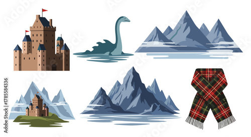 A vibrant illustration portraying iconic Scottish elements such as historic castles, the legendary Loch Ness Monster, dramatic mountain landscapes, and a traditional tartan scarf.