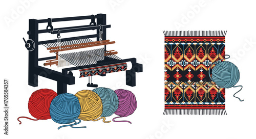 Traditional weaving process with a loom, colorful yarn balls, and a finished handcrafted rug, showcasing the art of textile creation and folk craftsmanship.