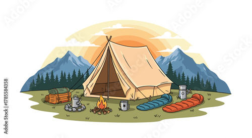 An idyllic camping setup at dawn or dusk, showcasing a large canvas tent, a warm campfire, sleeping bags, and equipment against a scenic backdrop of mountains and forests.
